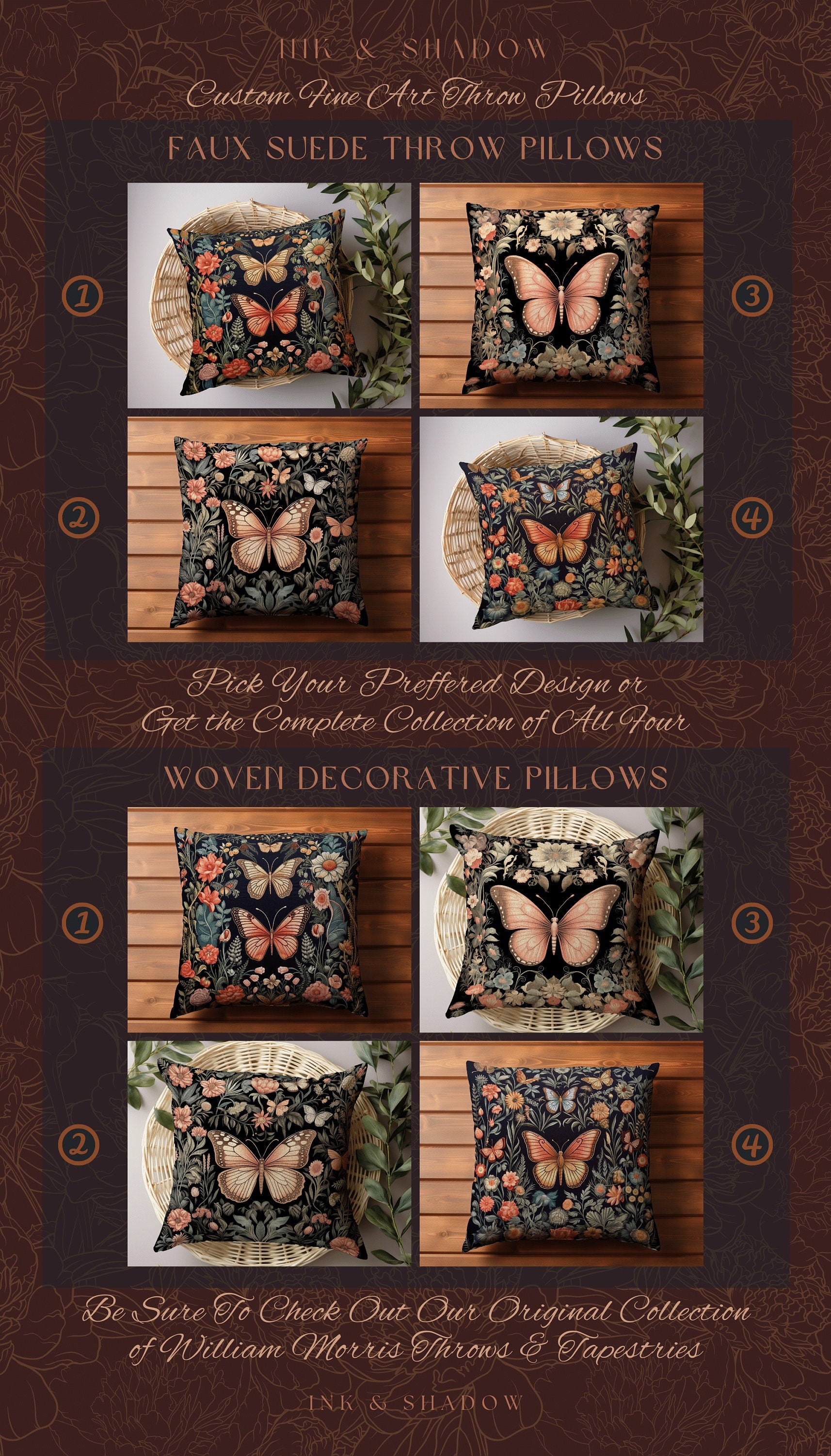 Fairycore Butterfly Woven Pillow | Woodland Maximalist Cushion Dark Cottagecore Decor William Morris Style Forestcore Floral Moth Folk Art