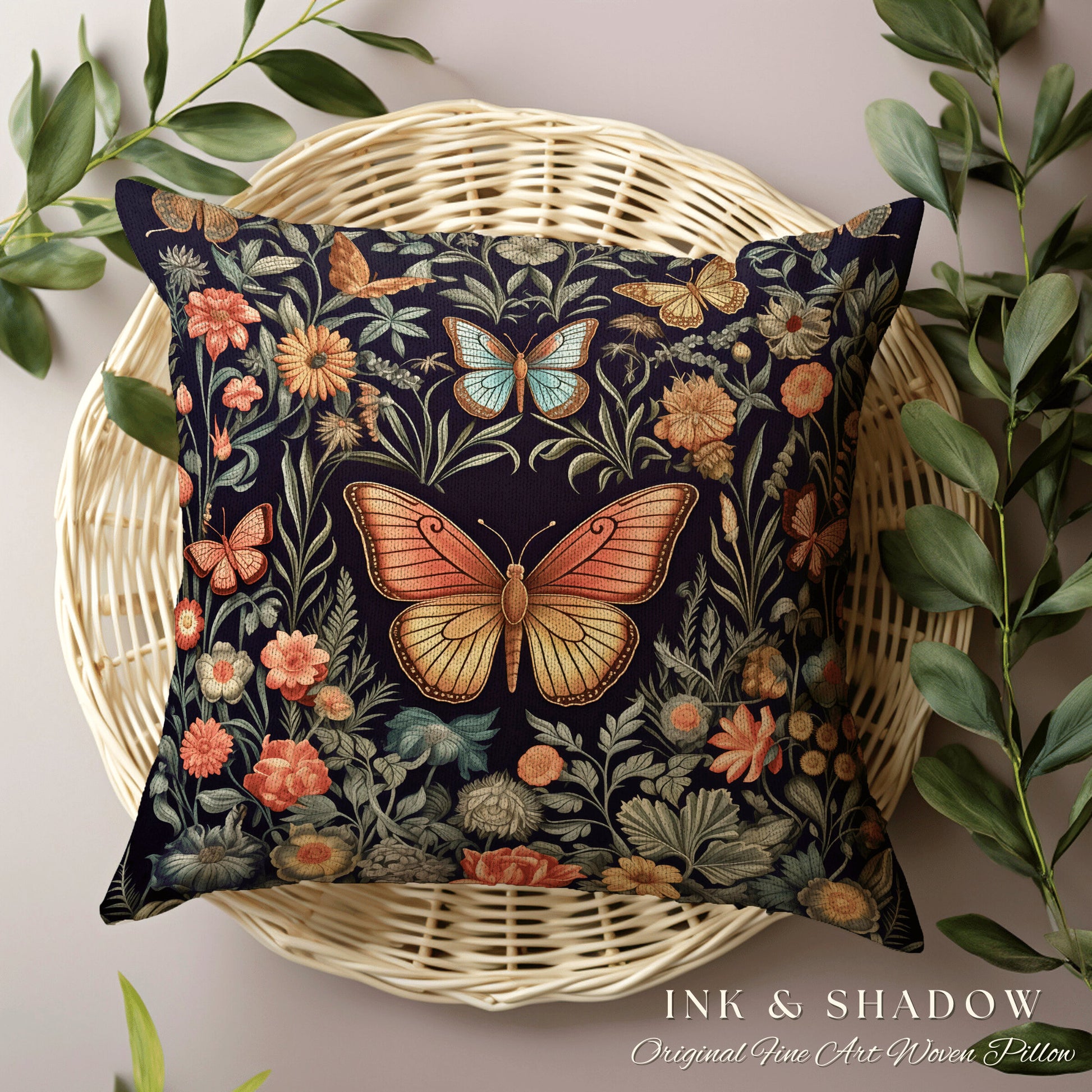 Fairycore Butterfly Woven Pillow | Woodland Maximalist Cushion Dark Cottagecore Decor William Morris Style Forestcore Floral Moth Folk Art