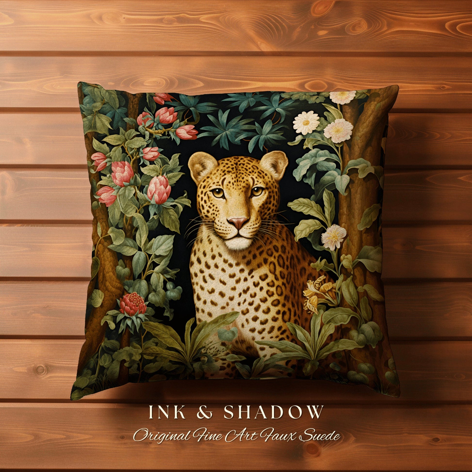 Woven Cheetah Pillow | Dark Academia Tapestry Pillow William Morris Cushion Woodland Gothic Botanical Jungle Aesthetic Leopard Home Decor