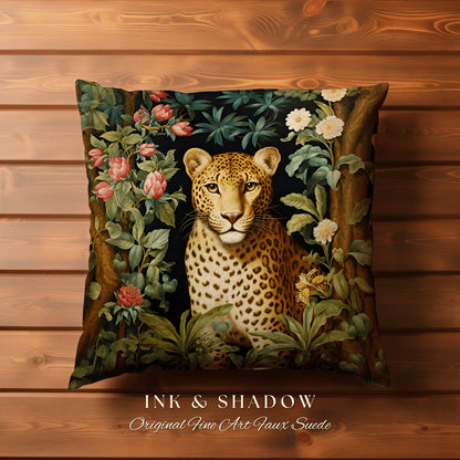 Woven Cheetah Pillow | Dark Academia Tapestry Pillow William Morris Cushion Woodland Gothic Botanical Jungle Aesthetic Leopard Home Decor