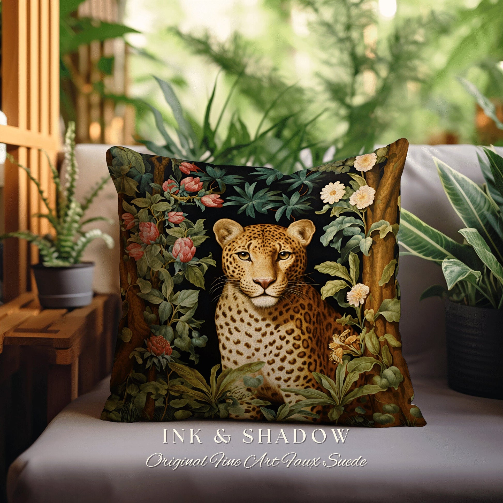 Woven Cheetah Pillow | Dark Academia Tapestry Pillow William Morris Cushion Woodland Gothic Botanical Jungle Aesthetic Leopard Home Decor