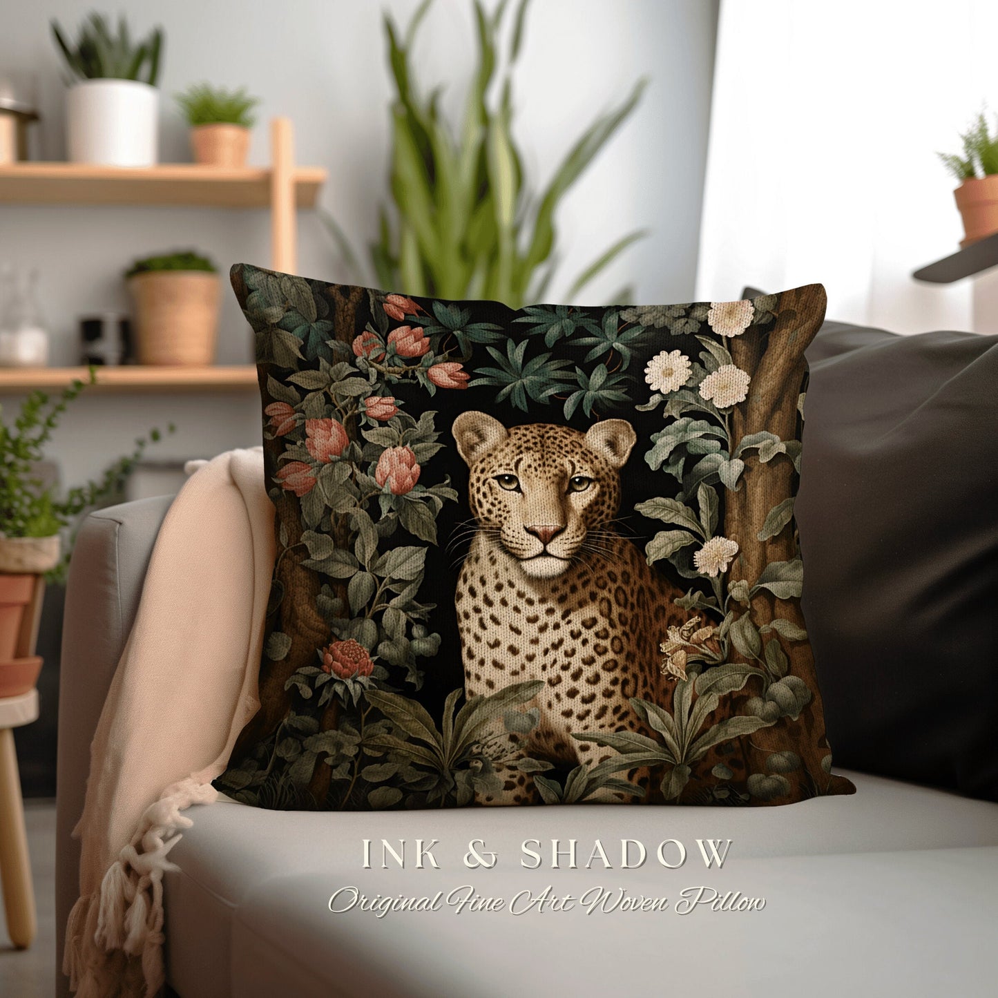 Woven Cheetah Pillow | Dark Academia Tapestry Pillow William Morris Cushion Woodland Gothic Botanical Jungle Aesthetic Leopard Home Decor