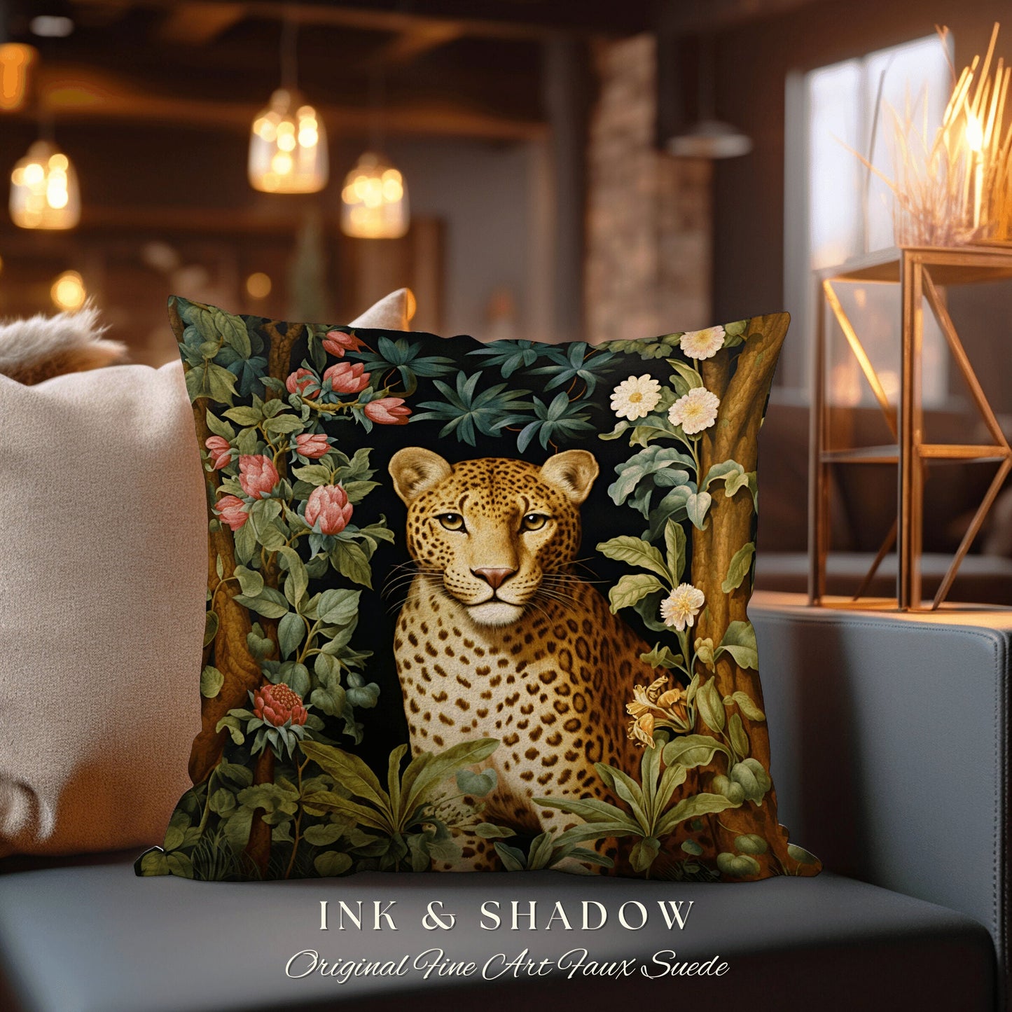 Woven Cheetah Pillow | Dark Academia Tapestry Pillow William Morris Cushion Woodland Gothic Botanical Jungle Aesthetic Leopard Home Decor