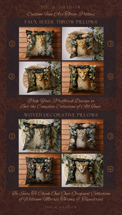 Woven Cheetah Pillow | Dark Academia Tapestry Pillow William Morris Cushion Woodland Gothic Botanical Jungle Aesthetic Leopard Home Decor