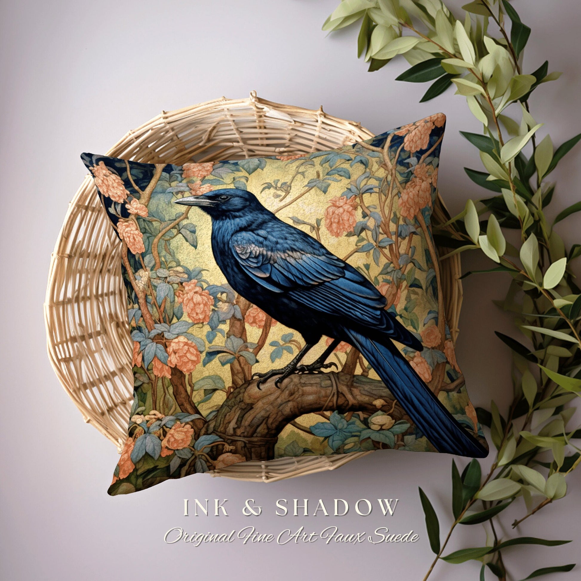 Pastel Gothic Throw Pillow | Dark Academia Gift William Morris Art Accent Pillow Raven Crowcore Cushion for Maximalist Rustic Woodland