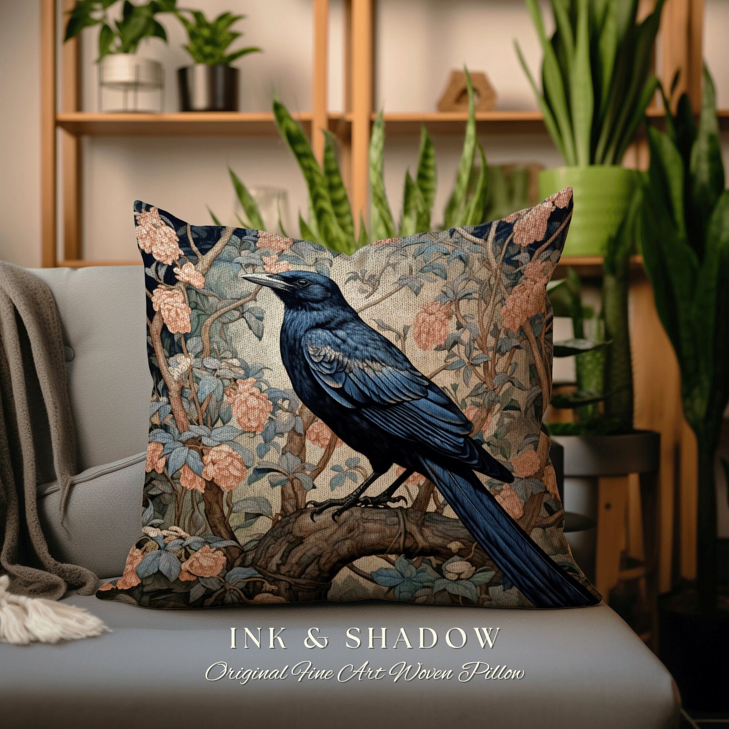 Pastel Gothic Throw Pillow | Dark Academia Gift William Morris Art Accent Pillow Raven Crowcore Cushion for Maximalist Rustic Woodland