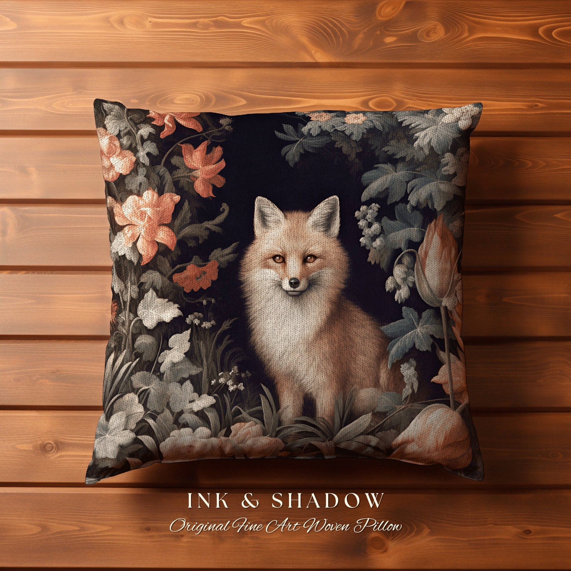 Dark Botanical Fox Pillow | Dark Academia William Morris Inspired Pillow Aesthetic Medieval Woven Pillow Victorian Gothic Fox Folk Art |