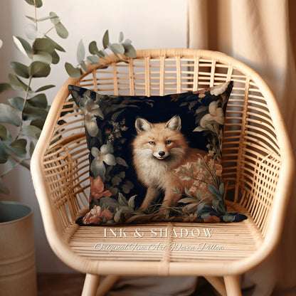Floral Elegance Fox Pillow | Dark Academia William Morris Inspired Cushion Goth Aesthetic Woven Pillow Victorian Fox Botanical Forest Spirit