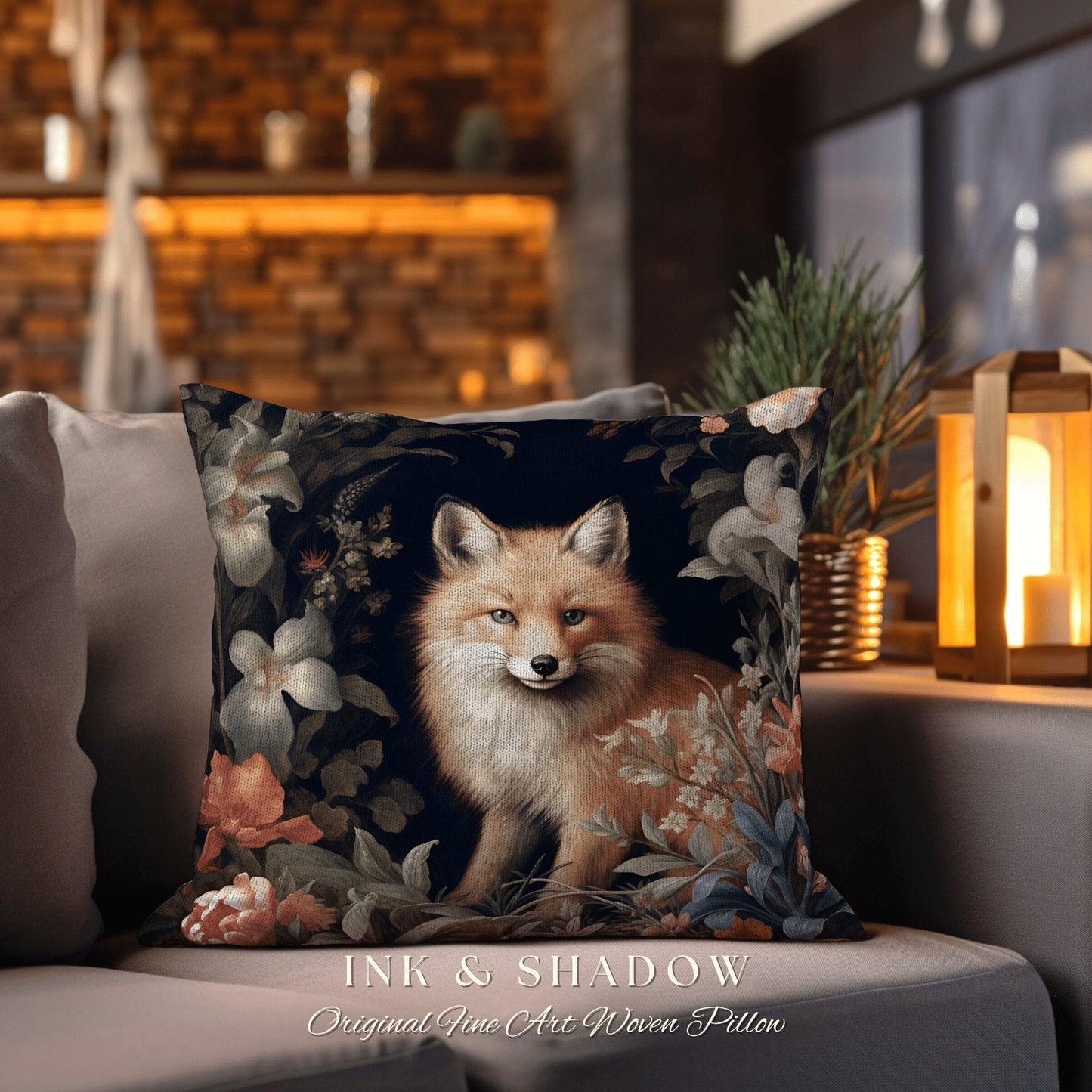 Floral Elegance Fox Pillow | Dark Academia William Morris Inspired Cushion Goth Aesthetic Woven Pillow Victorian Fox Botanical Forest Spirit