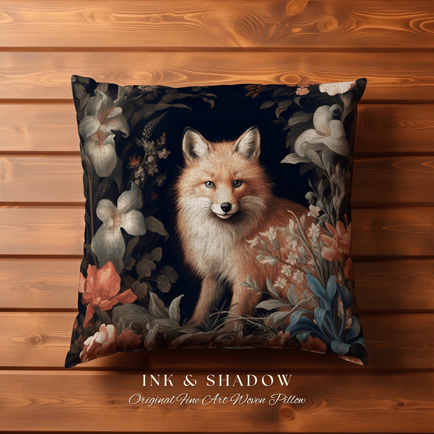 Floral Elegance Fox Pillow | Dark Academia William Morris Inspired Cushion Goth Aesthetic Woven Pillow Victorian Fox Botanical Forest Spirit