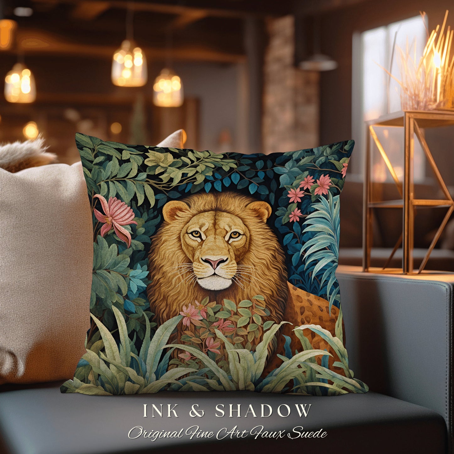 Lion Accent Pillow Rustic | Dark Academia Tapestry Pillow William Morris Cushion Woodland Gothic Botanical Jungle Aesthetic Lion Home Decor