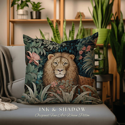 Lion Accent Pillow Rustic | Dark Academia Tapestry Pillow William Morris Cushion Woodland Gothic Botanical Jungle Aesthetic Lion Home Decor