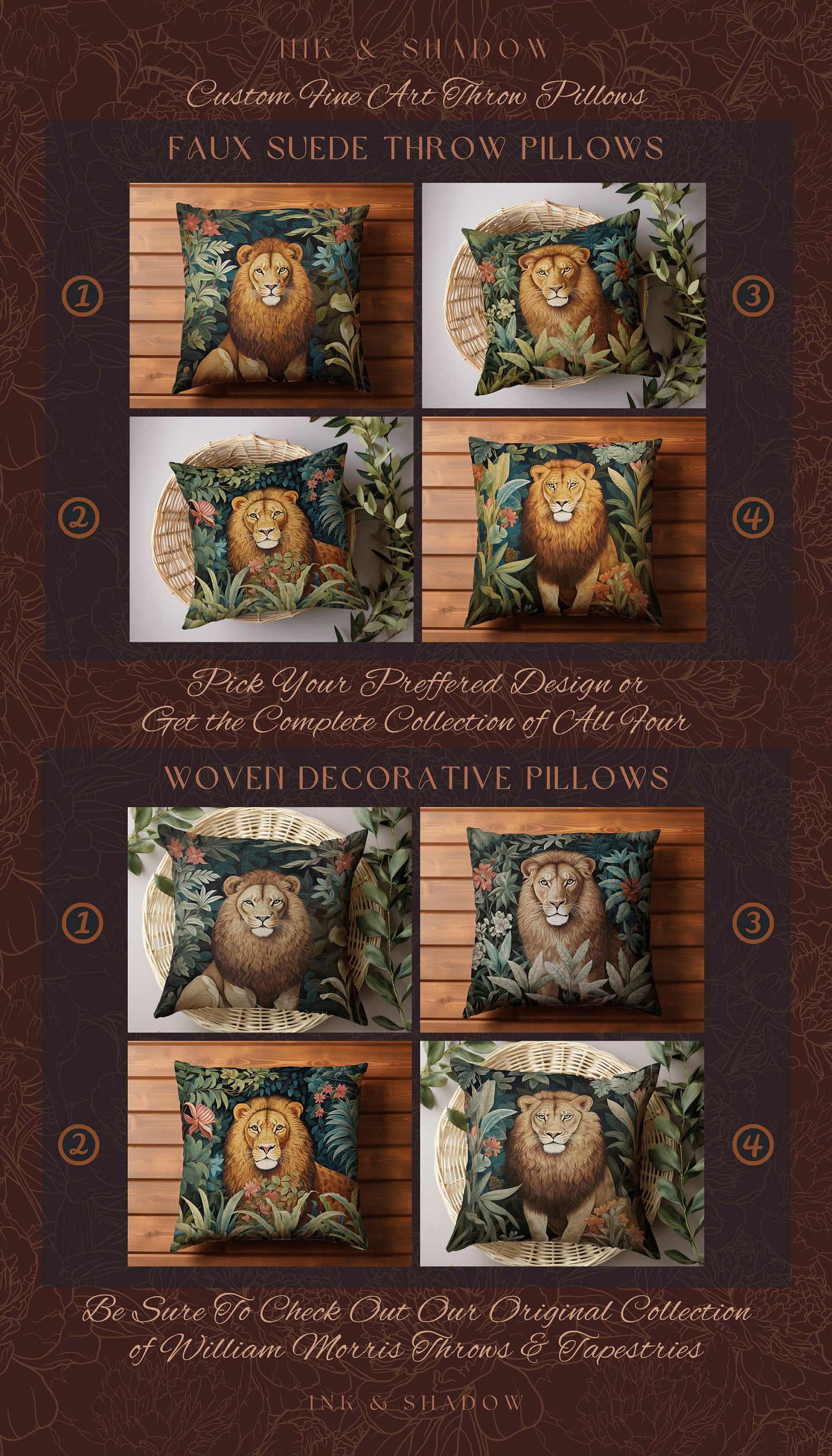 Lion Accent Pillow Rustic | Dark Academia Tapestry Pillow William Morris Cushion Woodland Gothic Botanical Jungle Aesthetic Lion Home Decor