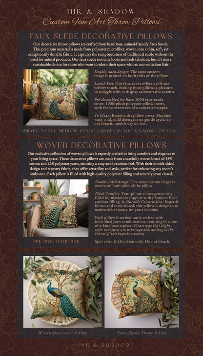 Woodland Gothic Victorian Whimsy Peacock Pillow Cottagecore Accent, Baroque Fairycore Botanical Woven Tapestry Cushion Forestcore Bird Decor