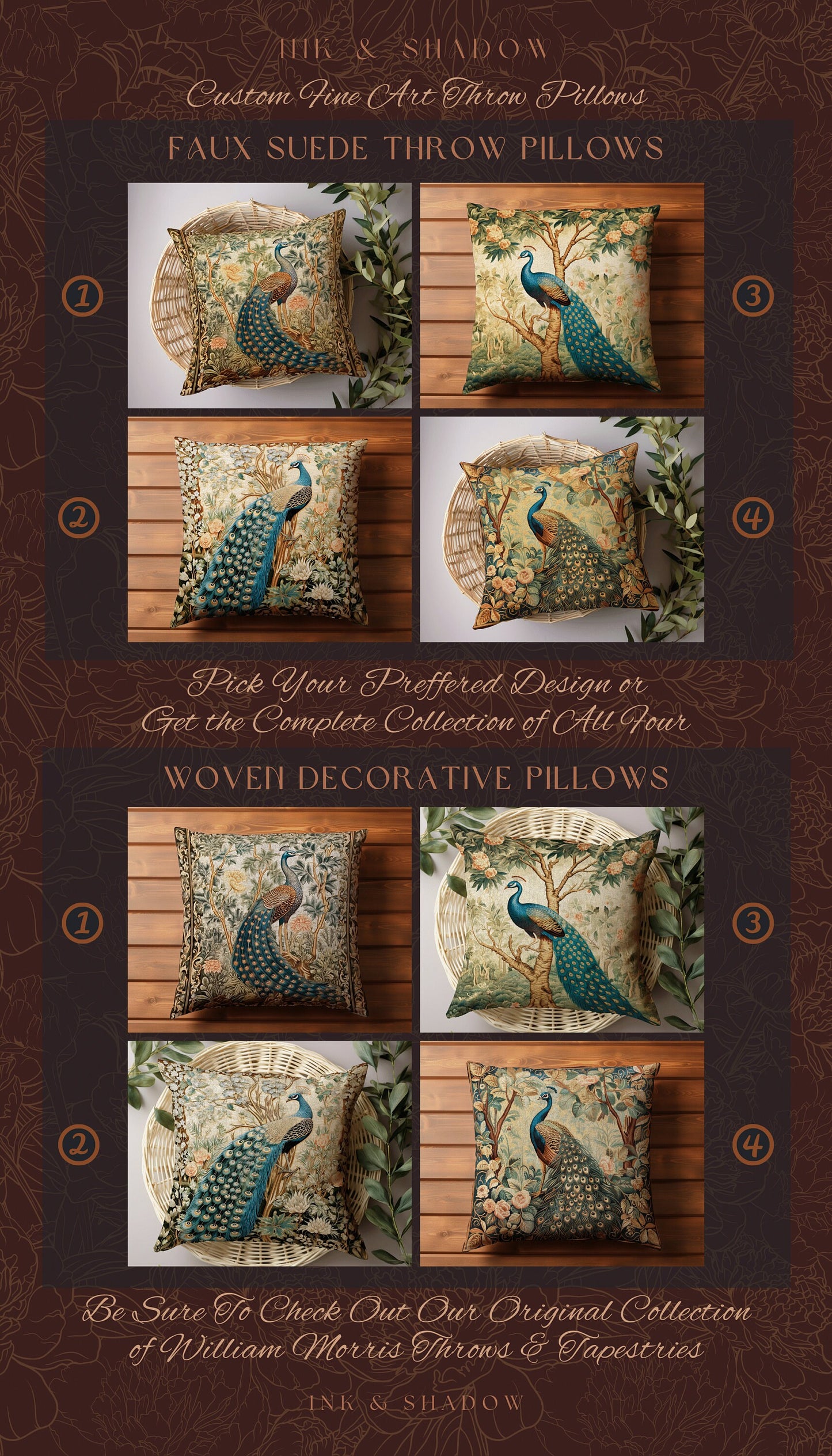 Woodland Gothic Victorian Whimsy Peacock Pillow Cottagecore Accent, Baroque Fairycore Botanical Woven Tapestry Cushion Forestcore Bird Decor