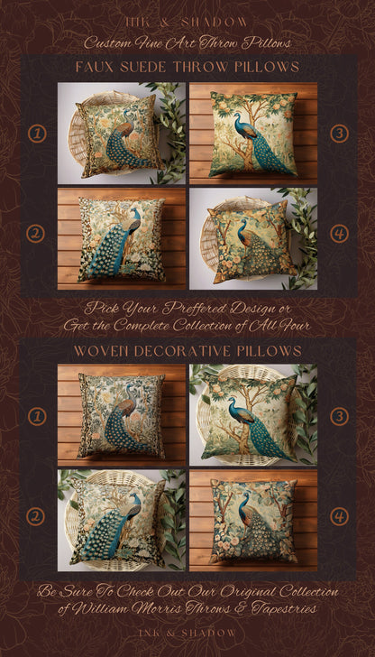 Woodland Gothic Victorian Whimsy Peacock Pillow Cottagecore Accent, Baroque Fairycore Botanical Woven Tapestry Cushion Forestcore Bird Decor