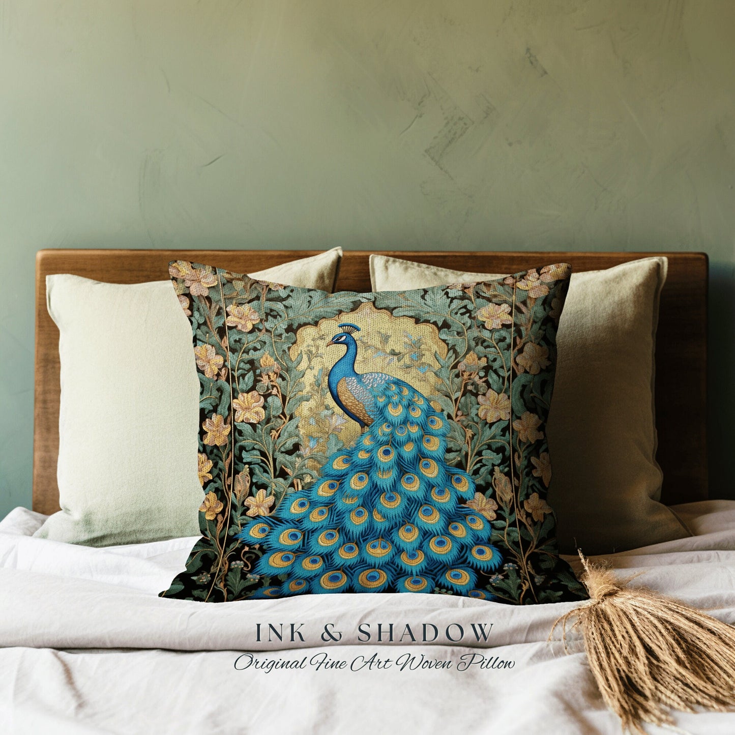 Ethereal Floral Peacock Pillow Whimsical Art Nouveau Vintage Aesthetic Decor, Enchanted Botanical Ornate Tapestry Cushion Cottagecore Accent