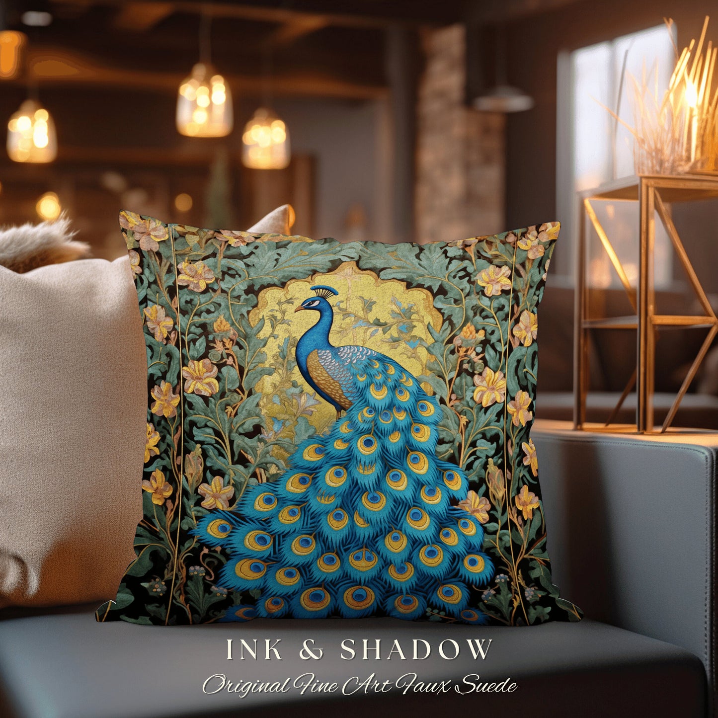 Ethereal Floral Peacock Pillow Whimsical Art Nouveau Vintage Aesthetic Decor, Enchanted Botanical Ornate Tapestry Cushion Cottagecore Accent