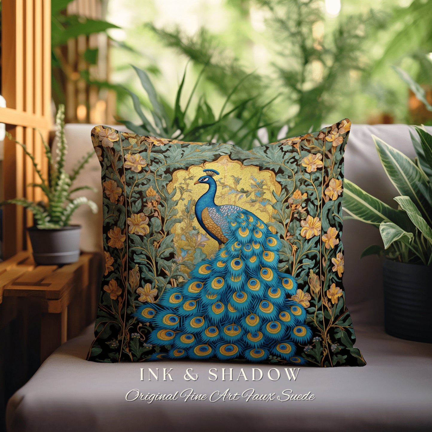 Ethereal Floral Peacock Pillow Whimsical Art Nouveau Vintage Aesthetic Decor, Enchanted Botanical Ornate Tapestry Cushion Cottagecore Accent