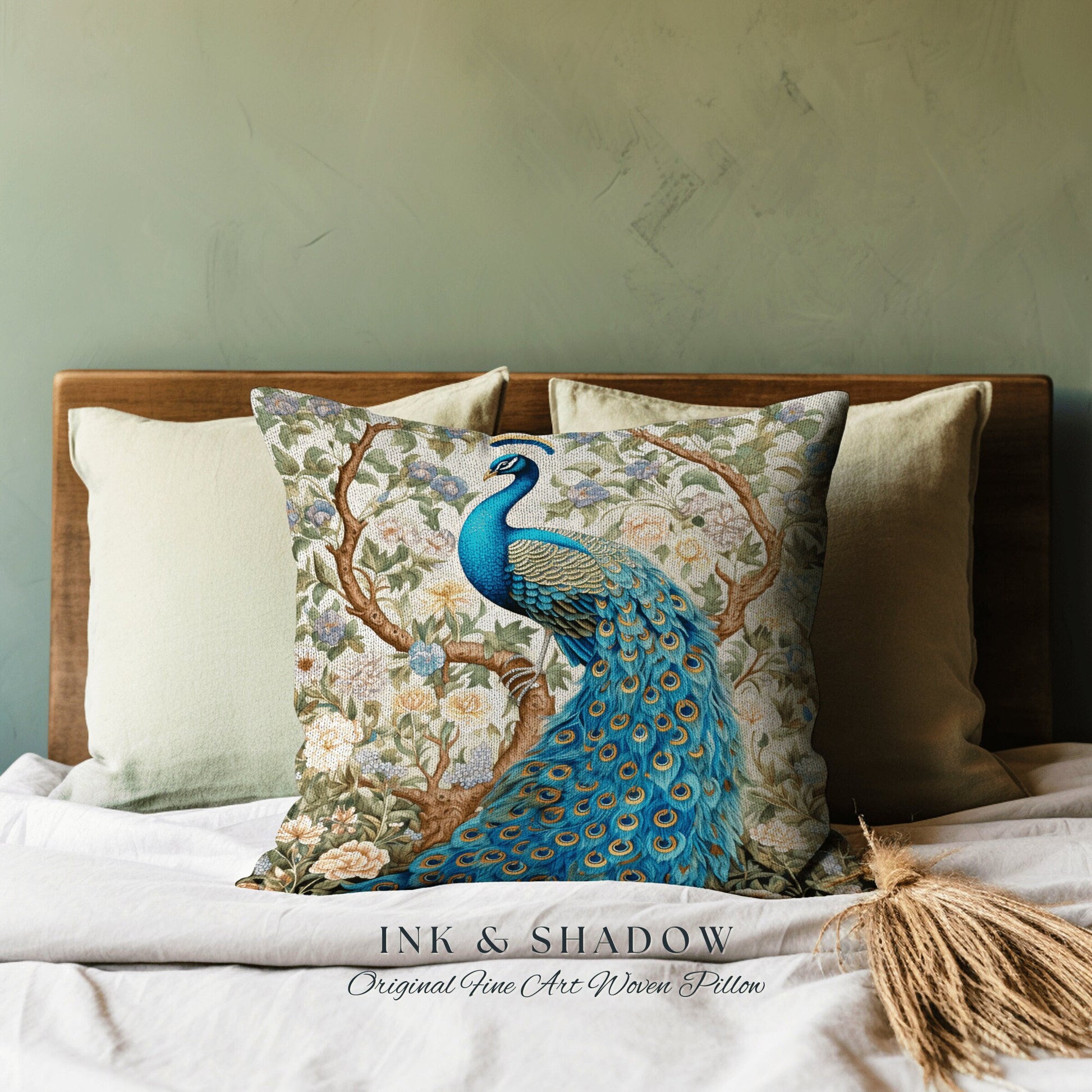 Maximalism Inspired Floral Peacock Soft Cottagecore Woven Pillow Maximalist Fairycore Tapestry Cushion William Morris Style Pastel Victorian