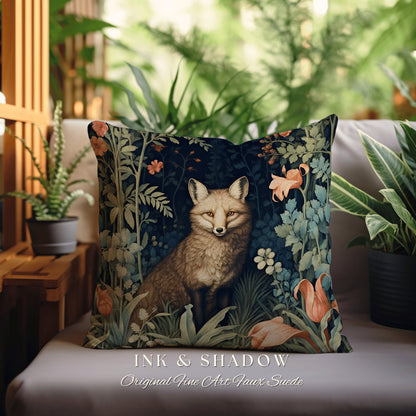 Medieval Fox Pillow Decorative Floral Dark Academia Forestcore Decor | Vintage Aesthetic Dark Cottagecore Botanical Fox Woven Throw Pillow