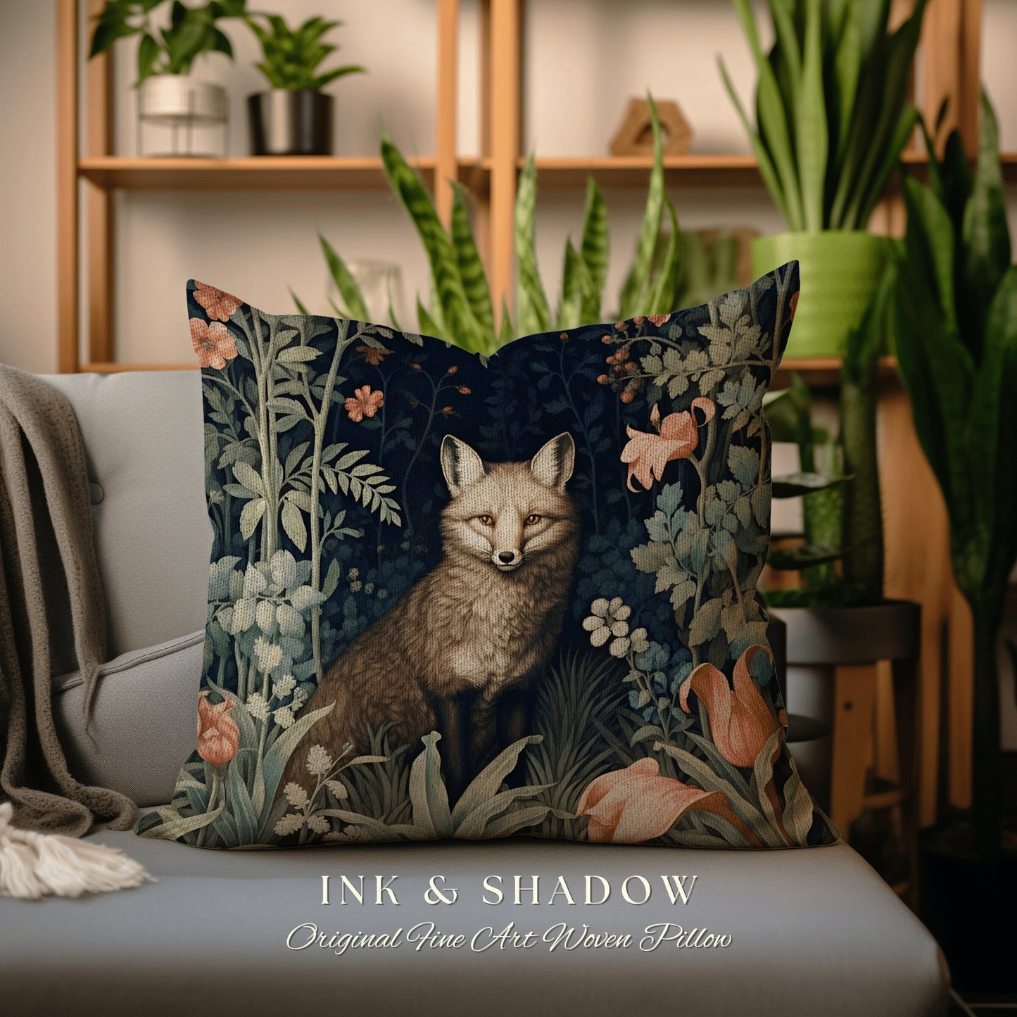 Medieval Fox Pillow Decorative Floral Dark Academia Forestcore Decor | Vintage Aesthetic Dark Cottagecore Botanical Fox Woven Throw Pillow