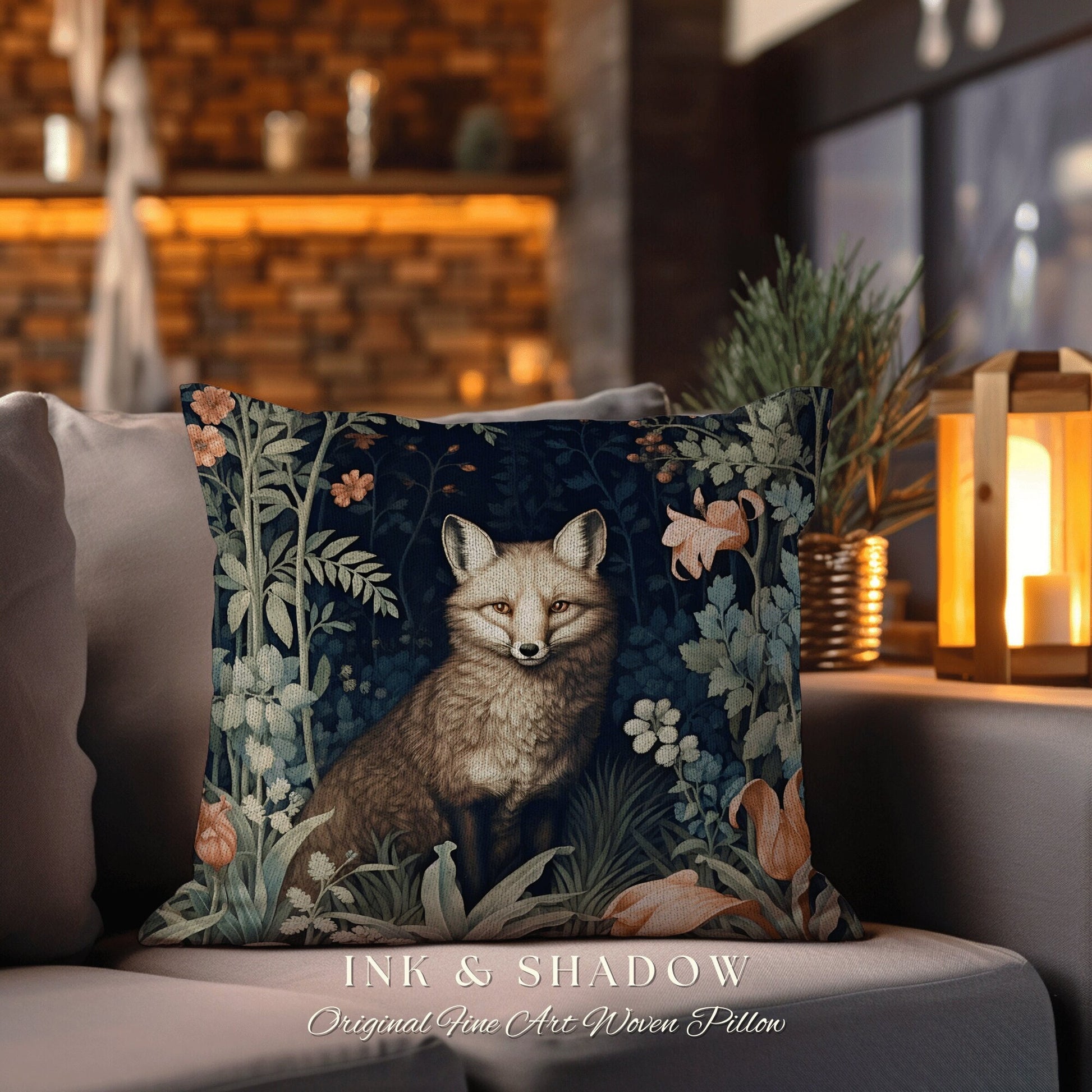 Medieval Fox Pillow Decorative Floral Dark Academia Forestcore Decor | Vintage Aesthetic Dark Cottagecore Botanical Fox Woven Throw Pillow