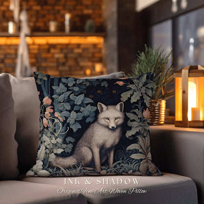 Grey Fox Pillow Botanical Gothic | Dark Academia William Morris Inspired Cushion Goth Aesthetic Medieval Woven Pillow Victorian Fox Decor |