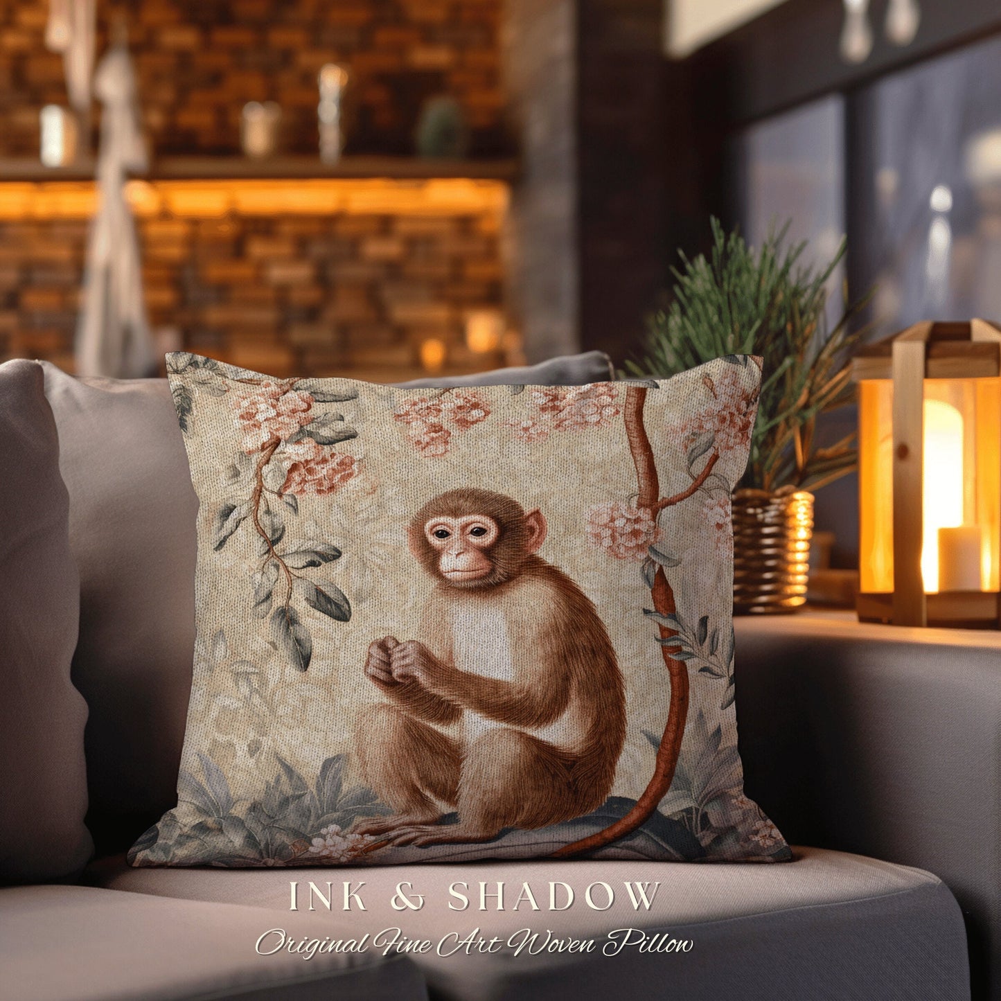 Light Victorian Gothic Monkey Pillow Jungle Aesthetic Decor Soft Cottagecore Woven Tapestry Throw Pillow Vintage Aesthetic Fairycore Decor