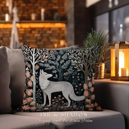 Scandinavian Fox Throw Pillow | Dark Academia William Morris Inspired Cushion Goth Aesthetic Medieval Woven Pillow Danish Fox Decor |