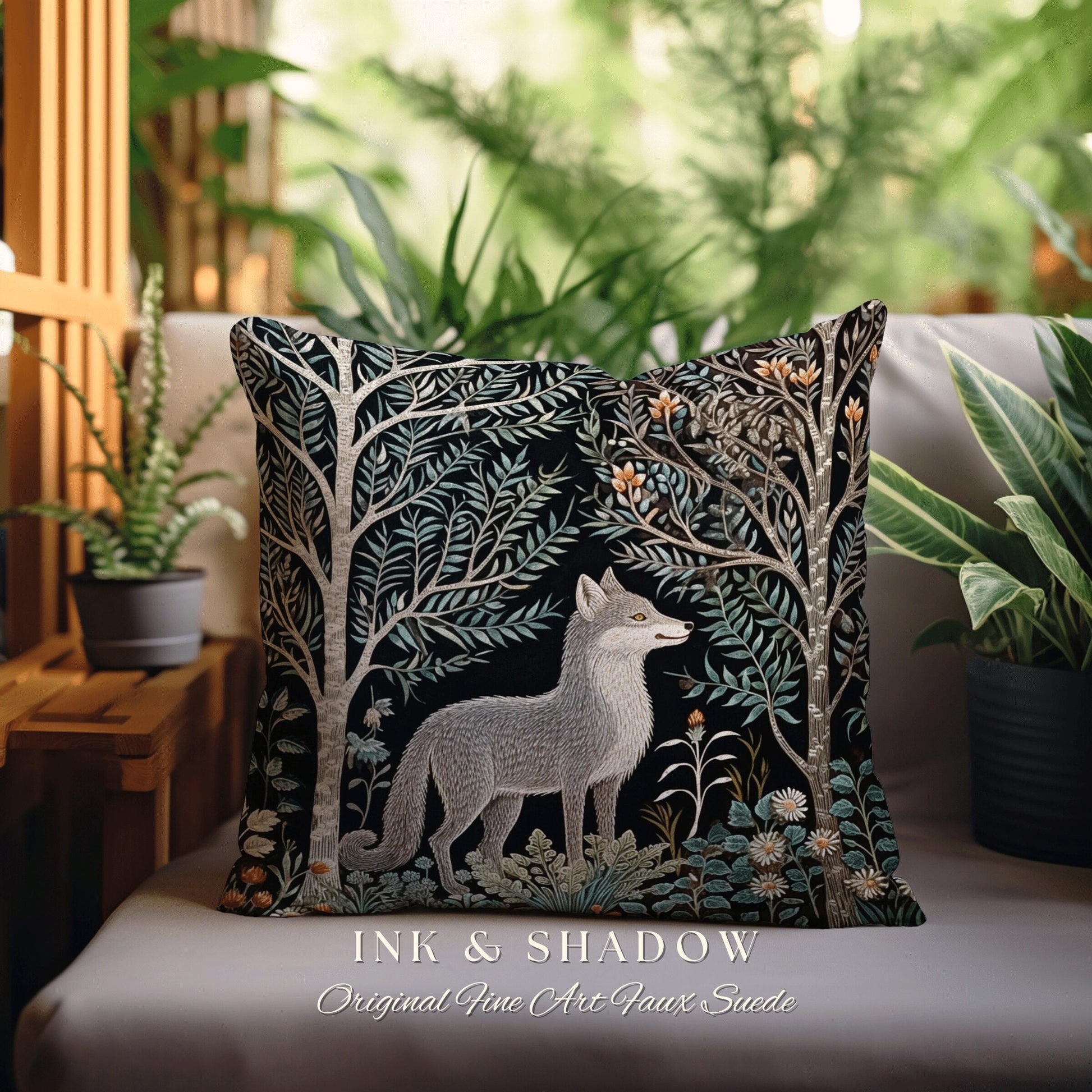 Scandinavian Woods Fox Pillow | Dark Academia William Morris Inspired Cushion Goth Aesthetic Medieval Woven Pillow Danish Fox Decor |