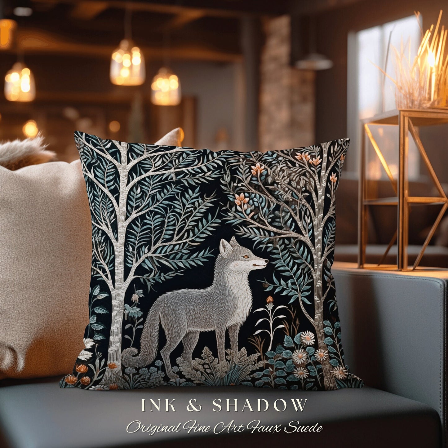 Scandinavian Woods Fox Pillow | Dark Academia William Morris Inspired Cushion Goth Aesthetic Medieval Woven Pillow Danish Fox Decor |