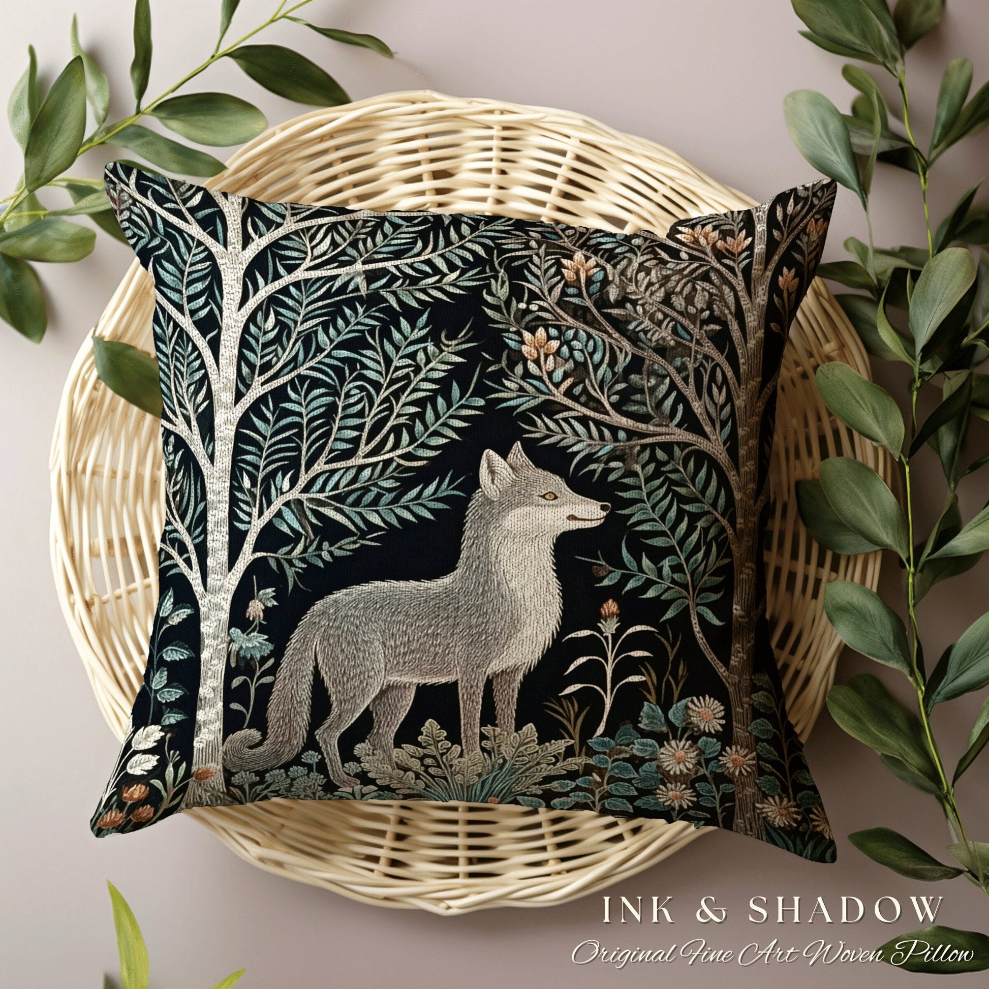 Scandinavian Woods Fox Pillow | Dark Academia William Morris Inspired Cushion Goth Aesthetic Medieval Woven Pillow Danish Fox Decor |