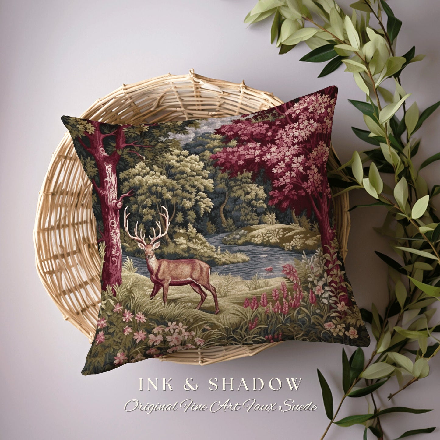 Woodland Landscape Pillow | Ornate Deer Tapestry Witchy Decor Fairycore Gift Victorian Aesthetic Room Decor Mystical Deer Accent Pillow |