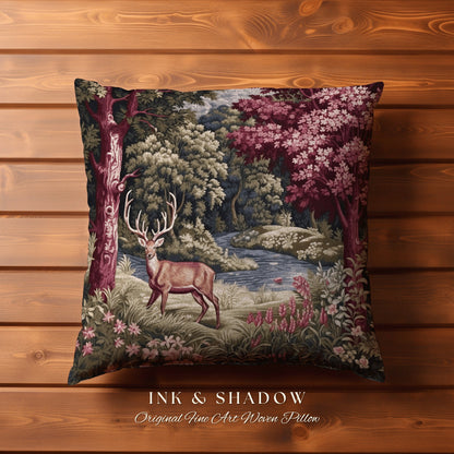 Romantic Woodland Deer Woven Tapestry Pillow | Victorian Forest Landscape Dark Botanical Floral Cottagecore Nature Rustic Cushion Decor Home