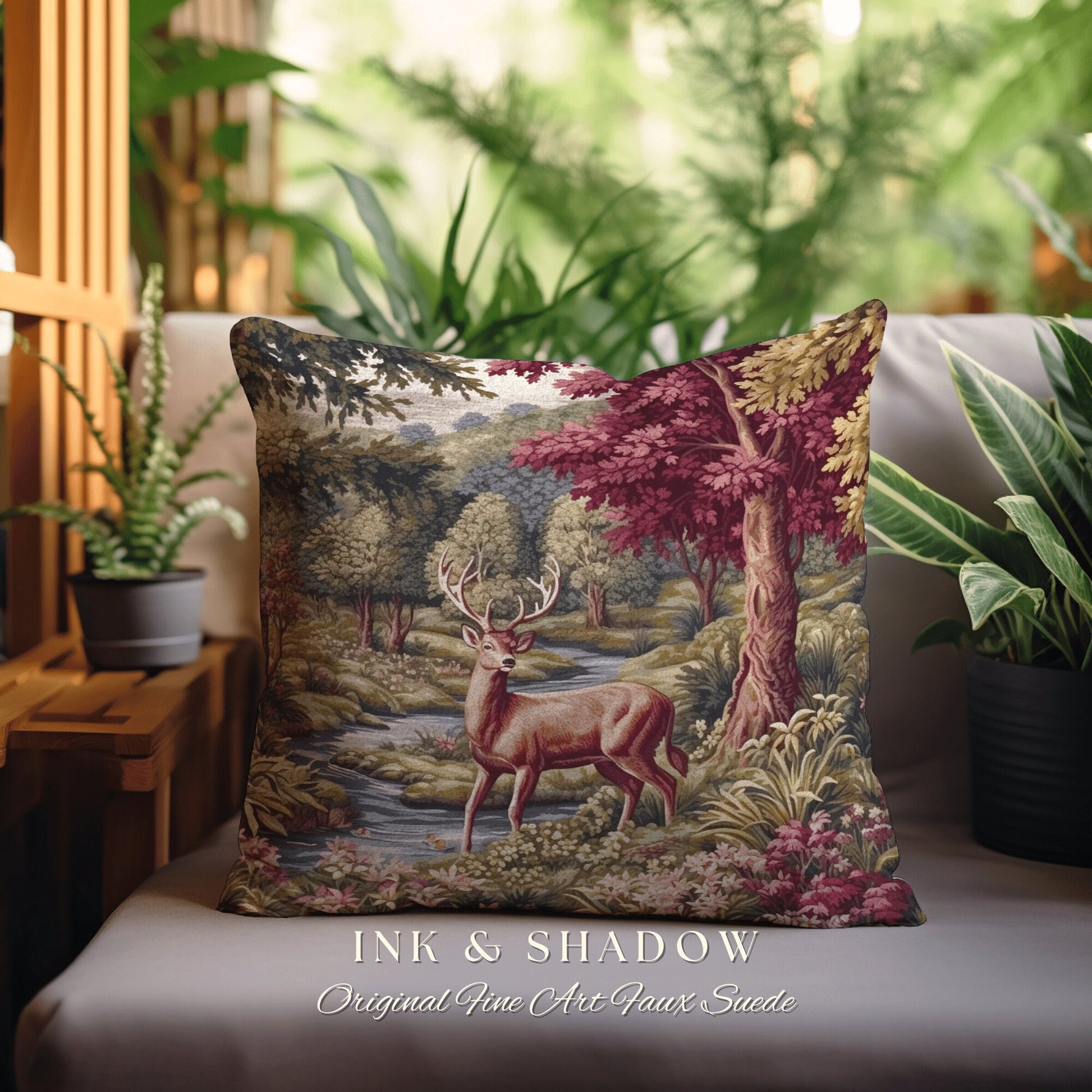 Woven Pillow Woodland Deer | Ornate Deer Tapestry Witchy Decor Fairycore Gift Victorian Aesthetic Room Decor Mystical Deer Throw Pillow