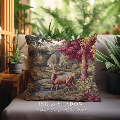 Woven Pillow Woodland Deer | Ornate Deer Tapestry Witchy Decor Fairycore Gift Victorian Aesthetic Room Decor Mystical Deer Throw Pillow