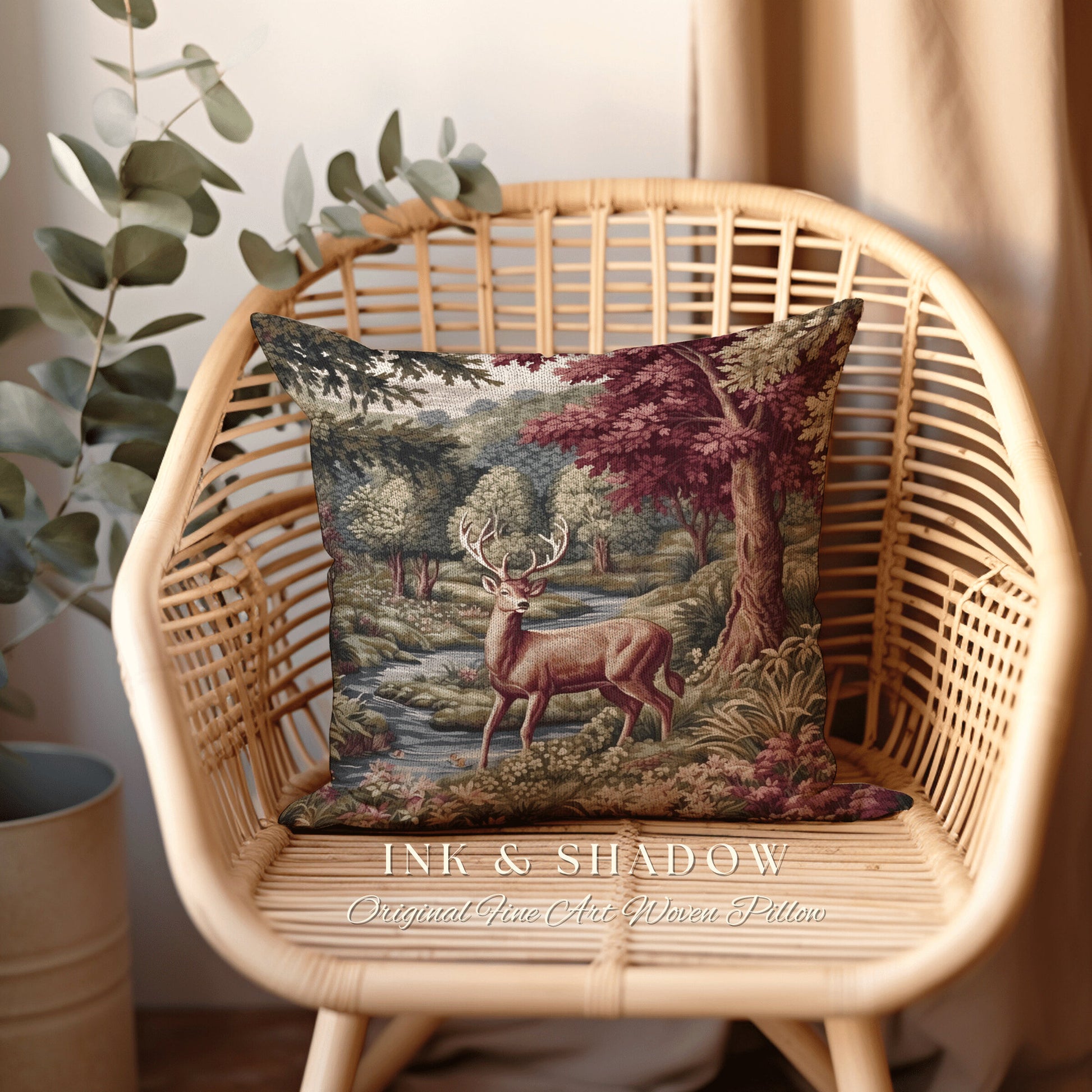 Woven Pillow Woodland Deer | Ornate Deer Tapestry Witchy Decor Fairycore Gift Victorian Aesthetic Room Decor Mystical Deer Throw Pillow