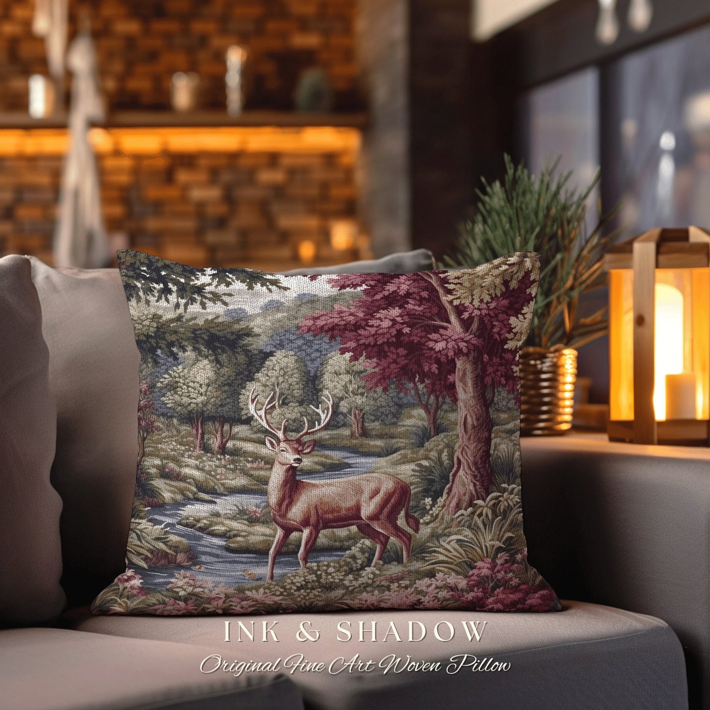 Woven Pillow Woodland Deer | Ornate Deer Tapestry Witchy Decor Fairycore Gift Victorian Aesthetic Room Decor Mystical Deer Throw Pillow