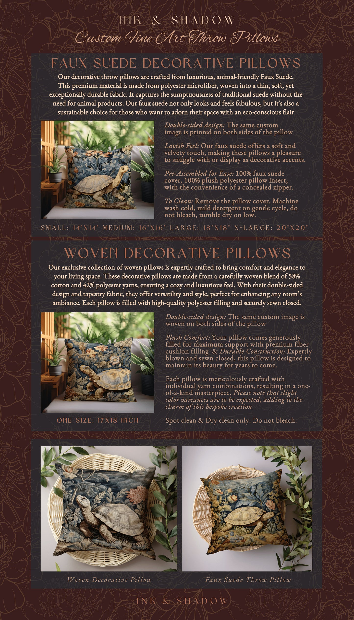 Rustic Woodland Tortoise Pillow | Botanical Woven Pillow William Morris Inspired Boho Decor Crowcore Pillow Fairy Aesthetic Pillow Morris