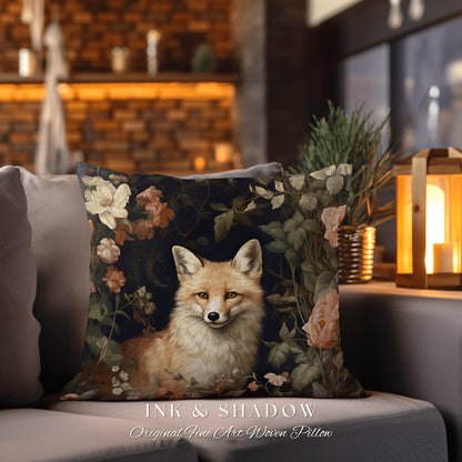 Ethereal Fox Pillow Botanical Gothic | Dark Academia William Morris Inspired Cushion Goth Aesthetic Medieval Woven Pillow Victorian Fox