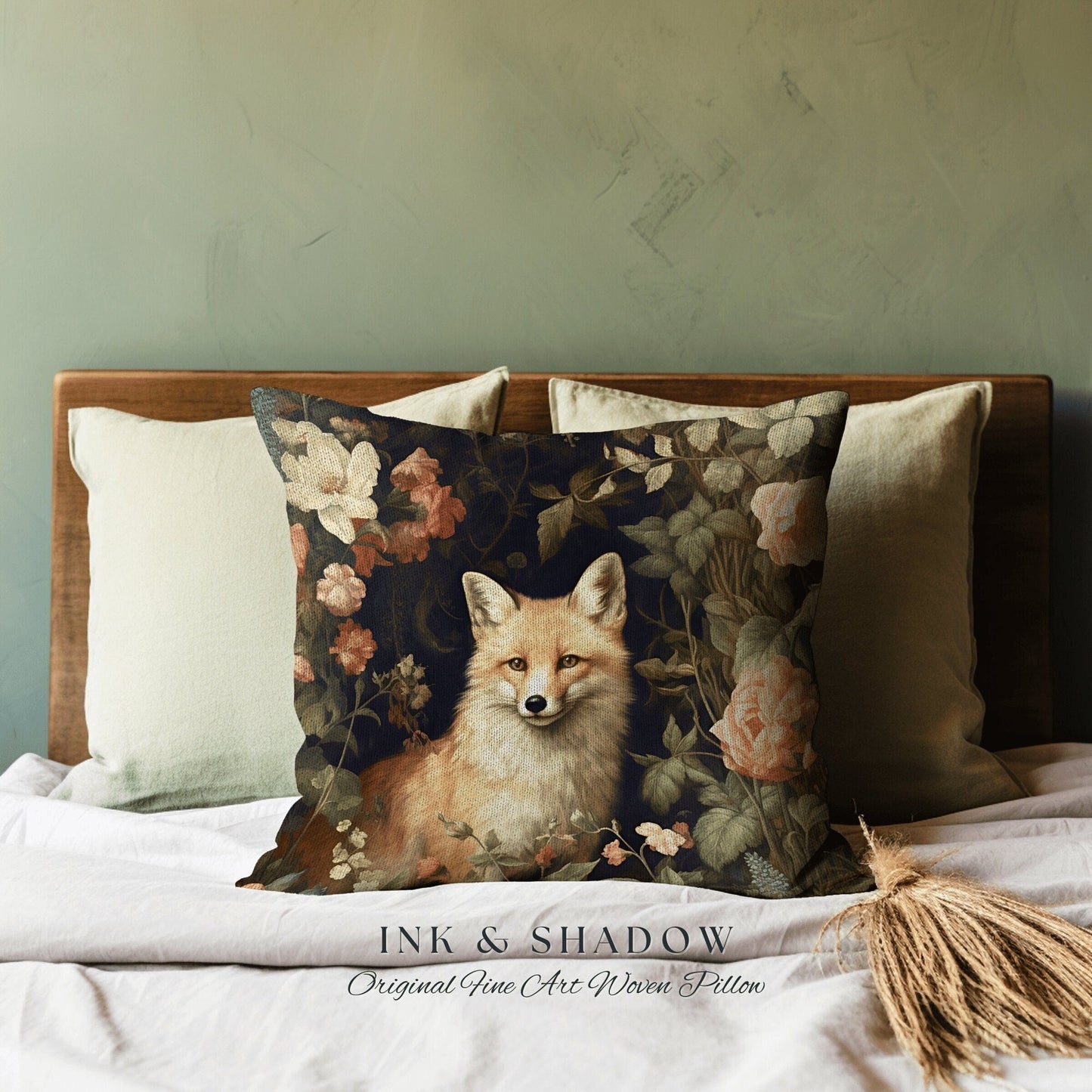 Ethereal Fox Pillow Botanical Gothic | Dark Academia William Morris Inspired Cushion Goth Aesthetic Medieval Woven Pillow Victorian Fox