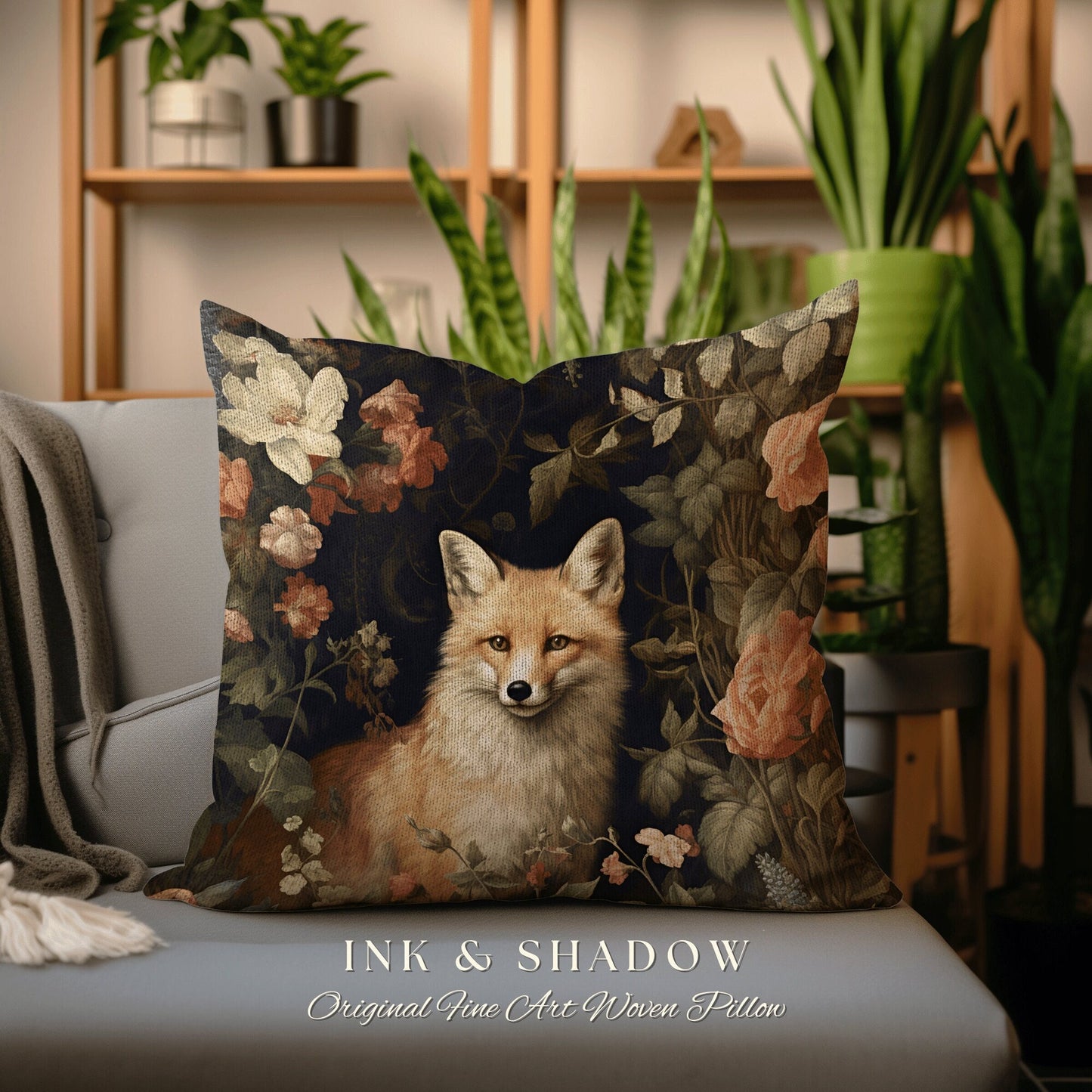 Ethereal Fox Pillow Botanical Gothic | Dark Academia William Morris Inspired Cushion Goth Aesthetic Medieval Woven Pillow Victorian Fox