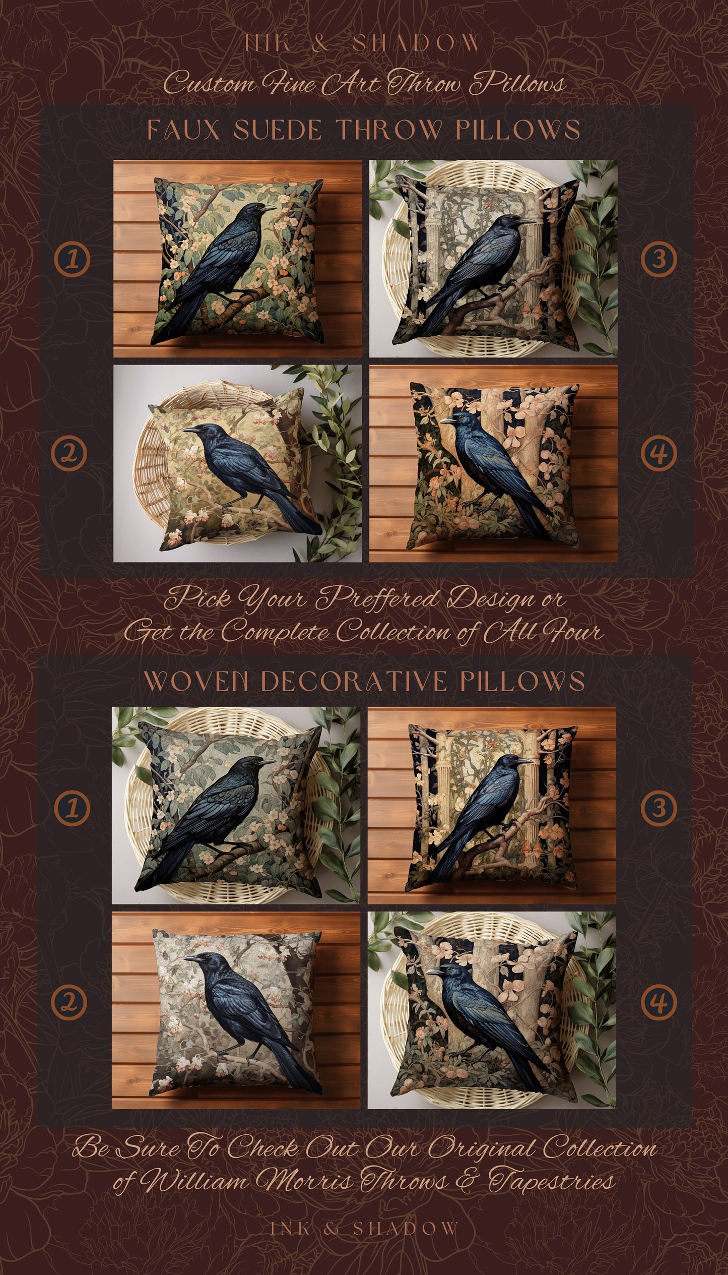 Crowcore Nature Pillow Woven | Gothic Pillow William Morris Art Pillow Raven Decor Crow Core Pillow Maximalist Rustic Pillow Dark Woodland