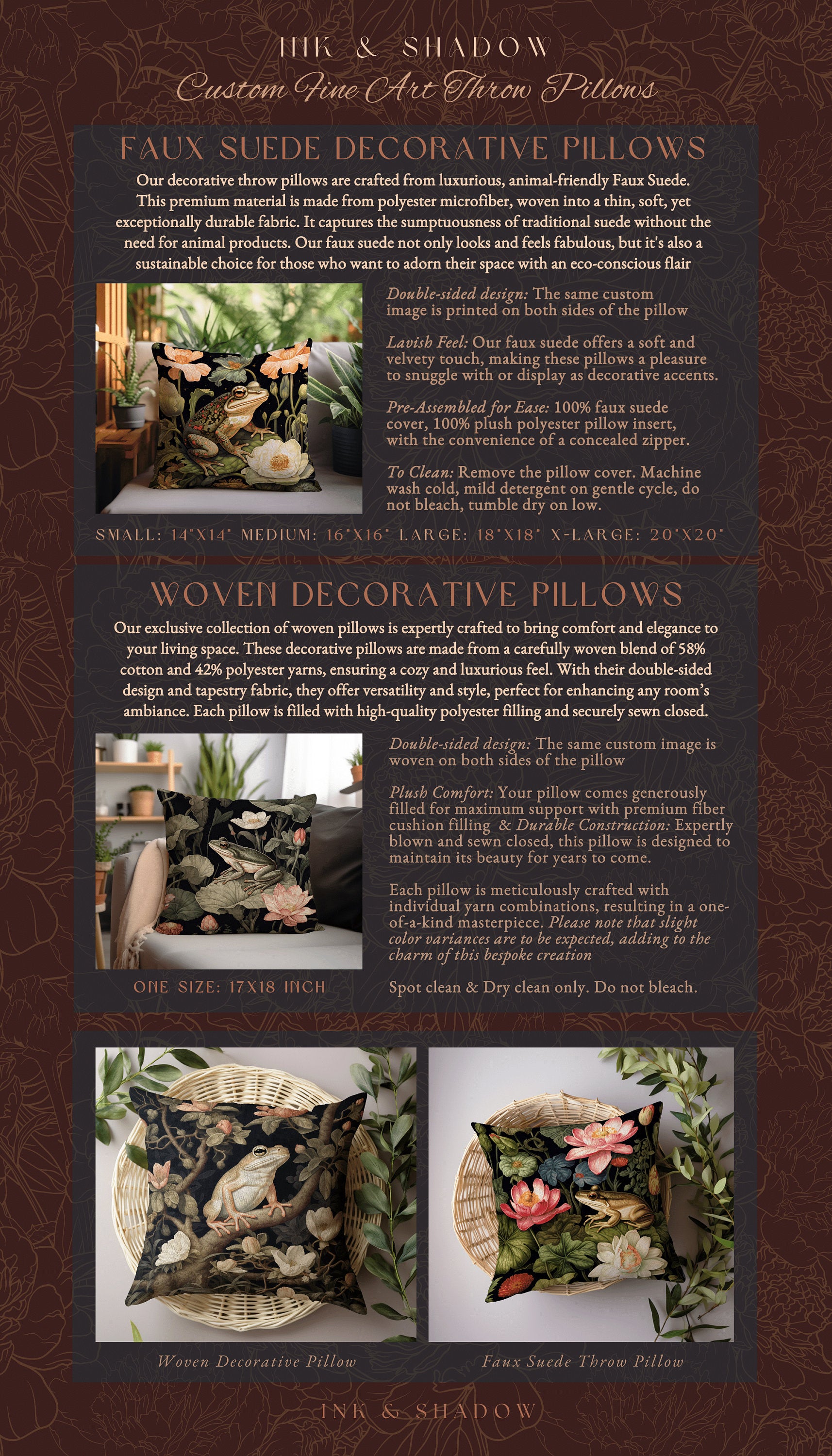 Folklore Frog Accent Pillow | Mushroomcore Pillow William Morris Inspired Frog Decor Crowcore Pillow Fairy Aesthetic Pillow Dark Woodland