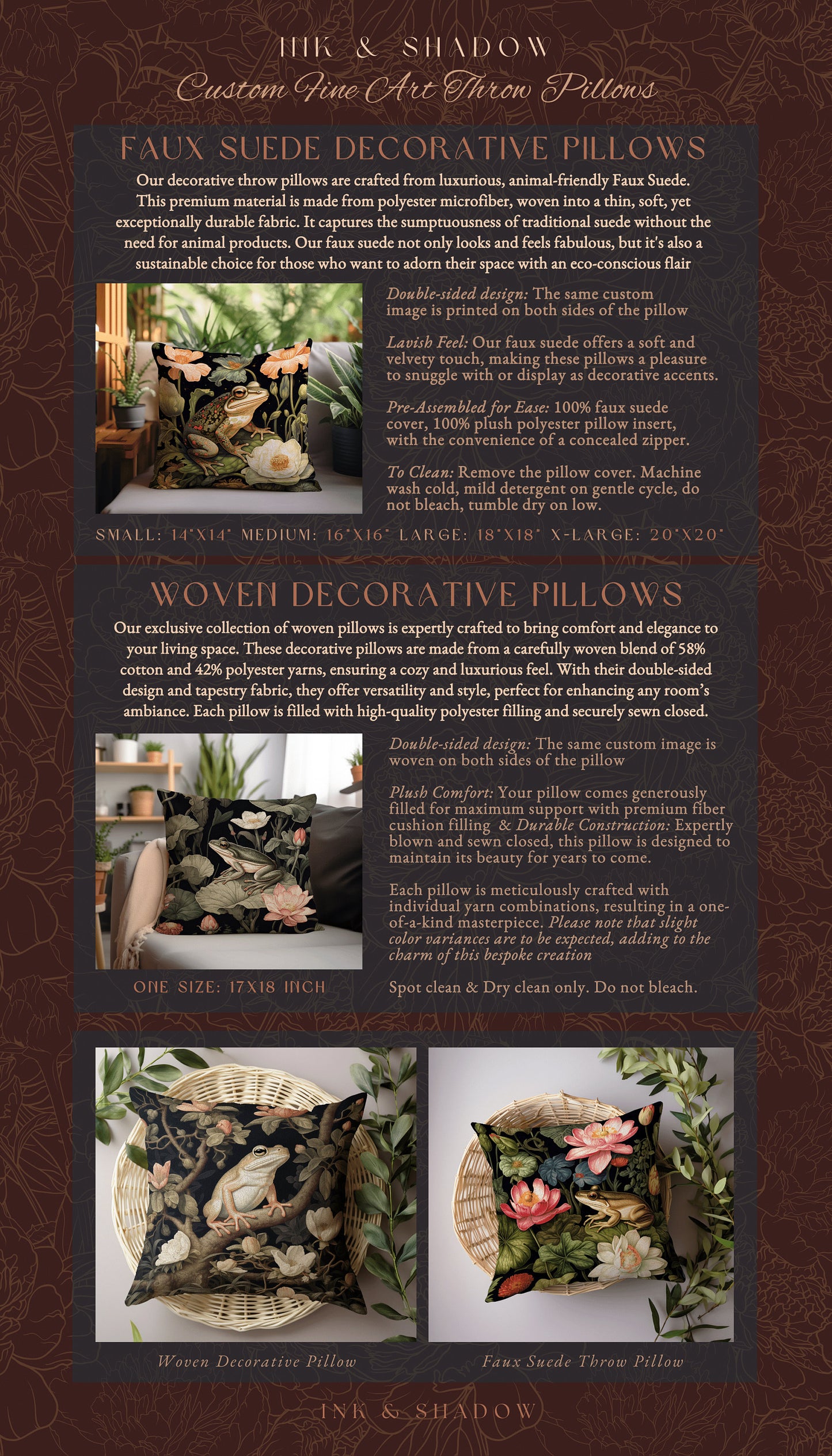 Floral Dark Cottagecore Frog Tapestry Cushion | Botanical Whimsigoth Art Woven Throw Pillow Vintage Nature Victorian Gothic Home Accent