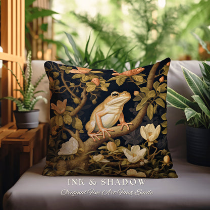 Folklore Frog Accent Pillow | Mushroomcore Pillow William Morris Inspired Frog Decor Crowcore Pillow Fairy Aesthetic Pillow Dark Woodland