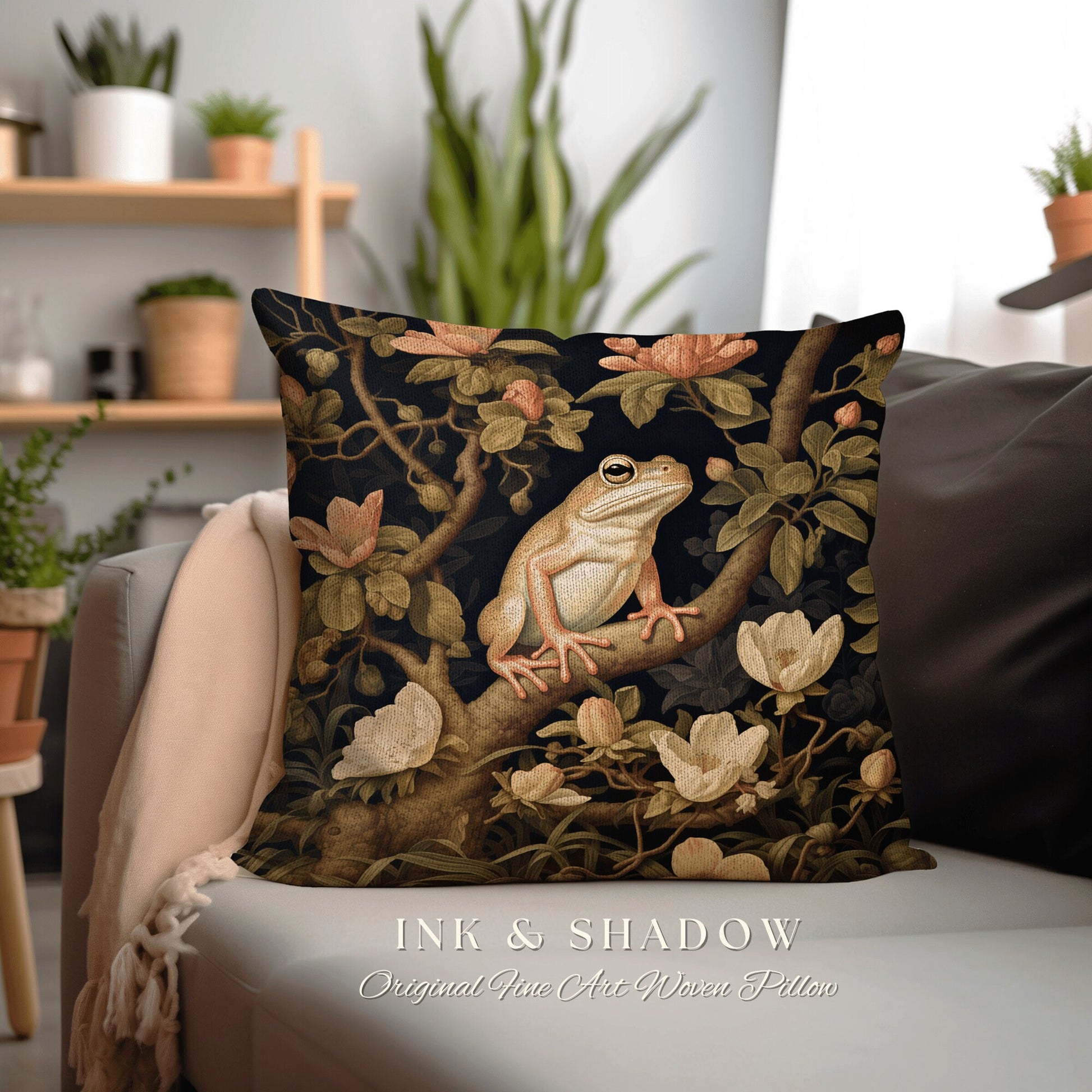 Folklore Frog Accent Pillow | Mushroomcore Pillow William Morris Inspired Frog Decor Crowcore Pillow Fairy Aesthetic Pillow Dark Woodland