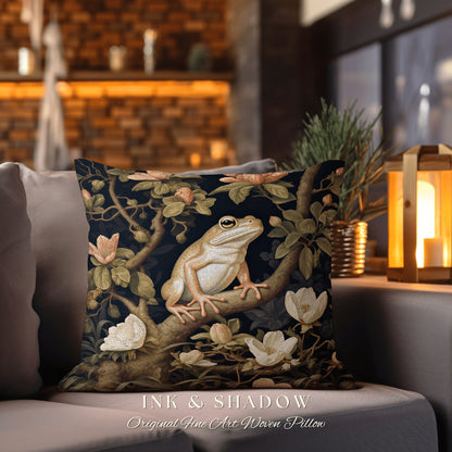 Folklore Frog Accent Pillow | Mushroomcore Pillow William Morris Inspired Frog Decor Crowcore Pillow Fairy Aesthetic Pillow Dark Woodland