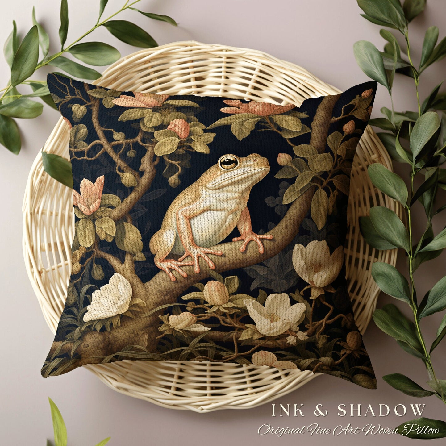 Folklore Frog Accent Pillow | Mushroomcore Pillow William Morris Inspired Frog Decor Crowcore Pillow Fairy Aesthetic Pillow Dark Woodland